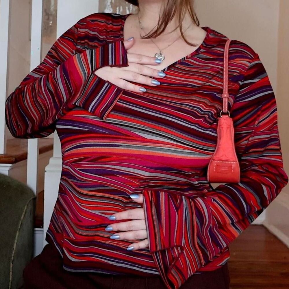 Bell Sleeved Multicolor Striped Long Sleeve Top Sz Large Pink Whimsigoth 90s Y2K
